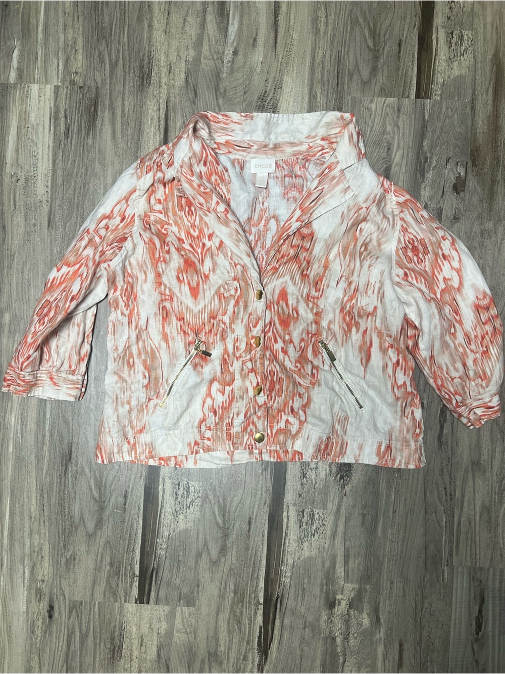 Chicos Size 3 XL Coral Ikat Linen Jacket 3/4 Sleeve Snap Front Pockets 23L